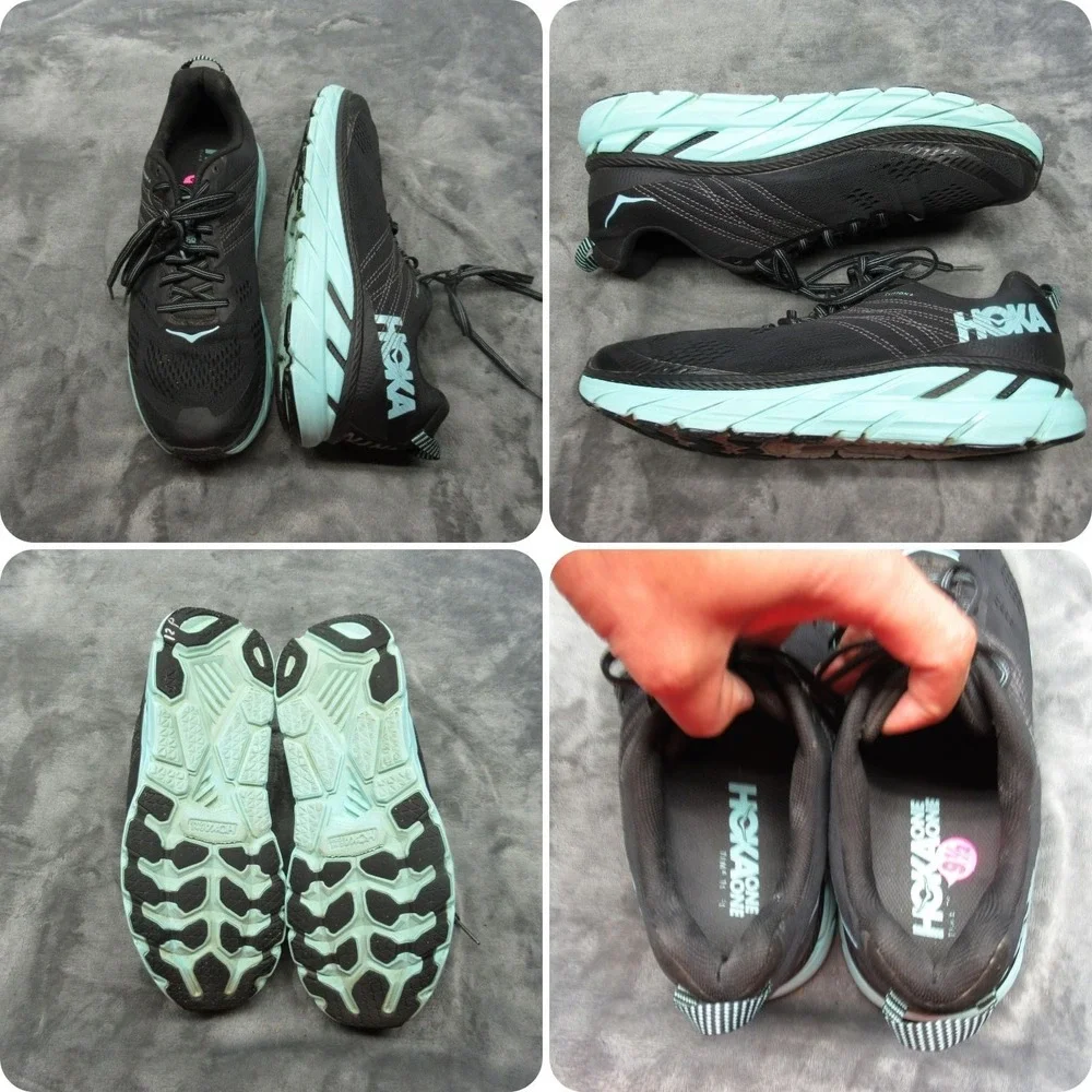 Hoka Clifton 6 Shoes Women 9.5 Black Aqua Low Sneaker Lightweight Chunky Run